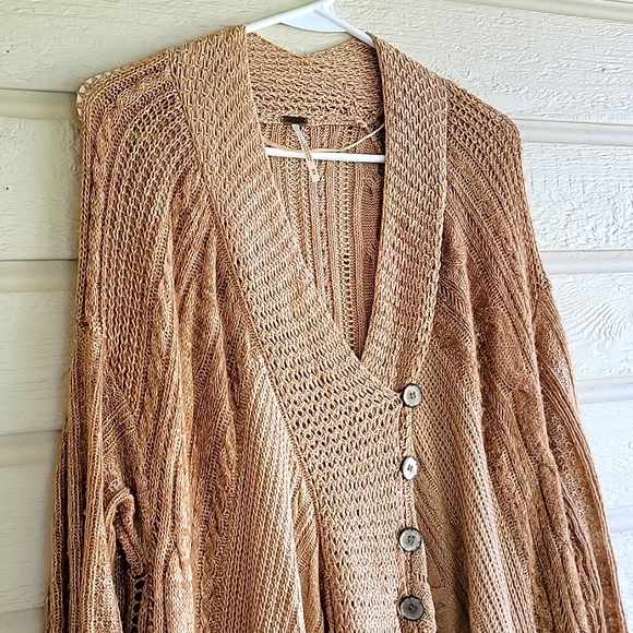 Free People Long Button Down Tan Caramel Waterfall Women Cardigan Sweater Size M - Picture 8 of 15